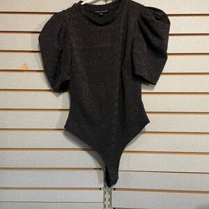 Haute Monde Black Metallic Puff Sleeve Bodysuit Shimmer‎ Chevron Small Glam NFR